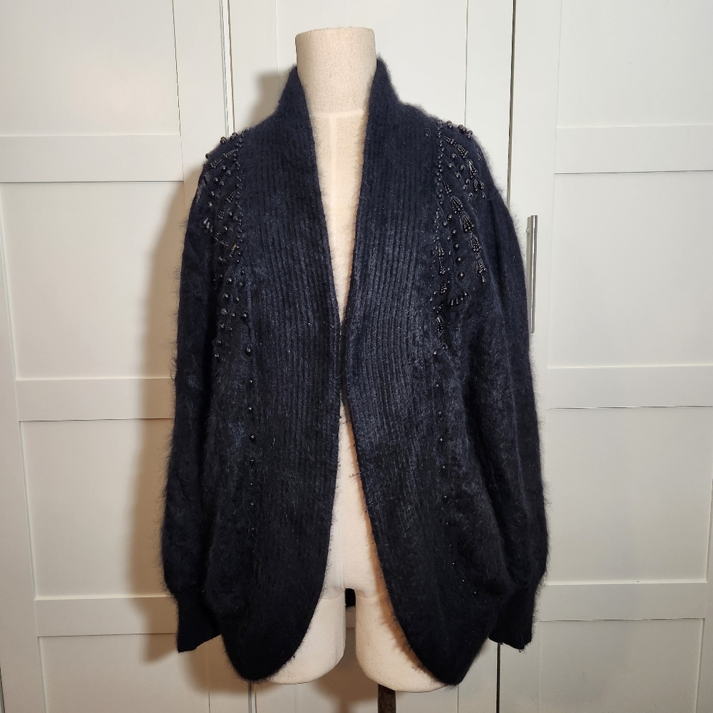 VTG Anna Rossi Beaded Angora Lambswool Cardigan | Black | Size M | Fuzzy Glam